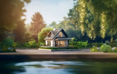 A small white house with a dark roof sits on a platform surrounded by greenery and a body of water.
