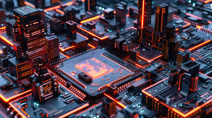 A futuristic city powered by artificial intelligence, featuring a glowing 3D computer chip integrated with circuit boards and urban landscapes
