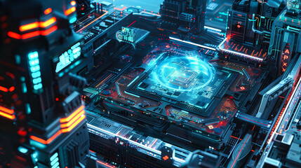 High-resolution aerial view of a realistic AI chip surrounded by futuristic buildings and circuits, illuminated by intricate lighting details