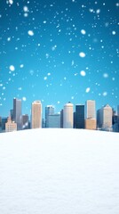 Fototapeta premium City skyline covered in snow, clear blue sky, falling snowflakes, winter scene.