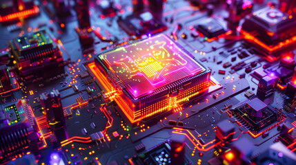 An advanced chip with a glowing core surrounded by electronic components above a vibrant cityscape showcasing the complexity of modern technology