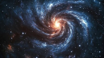 Deep space view of a glowing blue spiral galaxy, its swirling arms surrounded by twinkling stars and faint nebulas