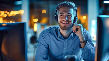 Happy customer service agent in call center at night wearing a headset, smiling while assisting clients at his computer workstation