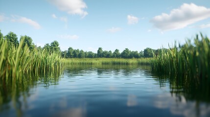 Obraz premium Peaceful Pond Surrounded by Lush Greenery and Tranquil Reflections