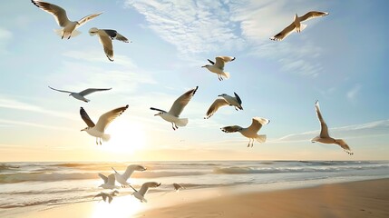 Fototapeta premium A swarm of seagulls soaring over the roaring ocean surf.