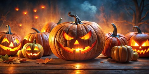 Fototapeta premium Eerie Halloween pumpkins with glowing eyes create the perfect atmosphere for spooky decor and unforgettable parties, adding delightfully frightful charm to your celebrations.