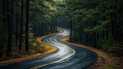 Fototapeta premium A winding road through a dense North American pine forest, leaving room for copy.