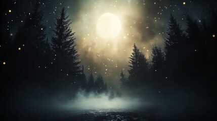 A mysterious forest scene illuminated by a full moon, shrouded in mist and set against a starry night sky.