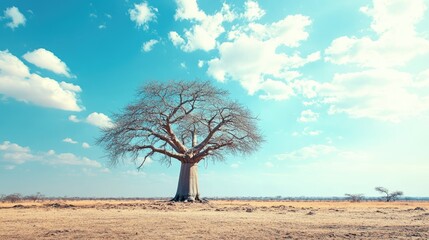Obraz premium A lone baobab tree on a barren African landscape with vast copy space.