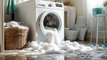 Front load washing machine overflowing with thick soap suds, spilling across the laundry room floor, creating a soapy disaster