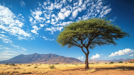 Obraz premium A lone tree standing in a dry African desert, with room for copy in the sky.