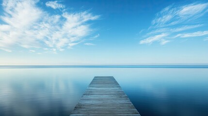 Naklejka premium A lonely pier stretching into the calm waters of a North American lake, with space for text.