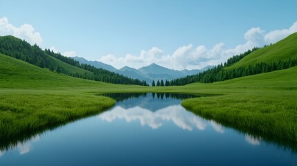 Naklejka premium A serene green meadow with a calm lake reflecting the picturesque scenery