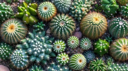 Obraz premium Green cacti of various shapes and sizes arranged together in a desert garden.