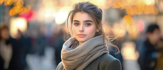 Fototapeta premium A young woman in a coat and scarf walking down a bustling city street, smiling at the camera, with blurred pedestrians in the background