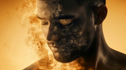 A striking image of a man with a smoky, ethereal appearance, featuring glowing particles and a warm background, suggesting transformation or transcendence.