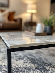 Marble coffee table in a cozy, modern living room setting.