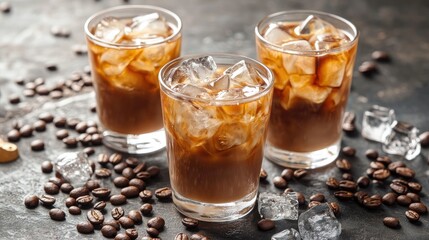 Iced coffee in transparent glasses, garnished with ice cubes and coffee beans on a rough stone surface, creating a refreshing vibe