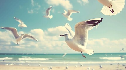 Obraz premium A flock of seagulls soaring above the crashing ocean waves. 