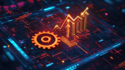 Illustration of gears and upward arrows, set in a digital frame, depicting innovation and growth in business environments.