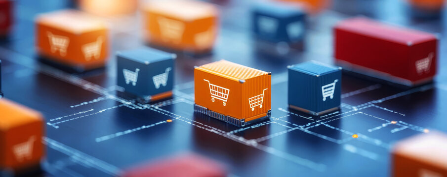The image depicts colorful shipping containers on a digital grid, symbolizing logistics, e-commerce, and data-driven supply chain management.