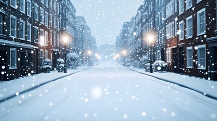 Snowy City Street Aglow at Wintertime Night