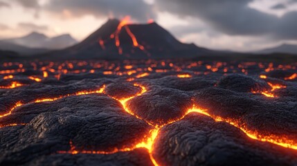 A dramatic volcanic landscape, featuring glowing lava flows and a majestic mountain backdrop under a moody sky.