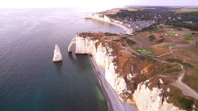 Aerial view of the beautiful coastline and alabaster cliff bay of Etretat, Normandy region, France
