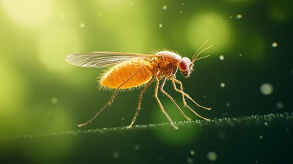 Close-up of a mosquito on a green background with bokeh effect.
