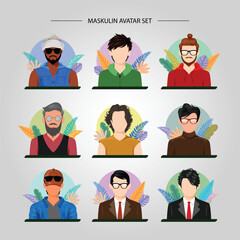 Masculine Avatar set with a various fashionable style and a soft colored circle background with leaves.