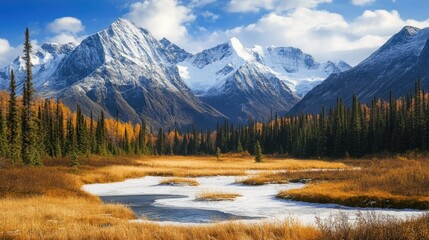 Fototapeta premium A snow-covered valley in Alaska with tall mountains in the background, leaving space for text.