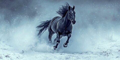 Obraz premium A majestic black horse gallops through the snowy landscape. The powerful animal moves gracefully in the cold. This intense image captures speed and beauty in nature. AI