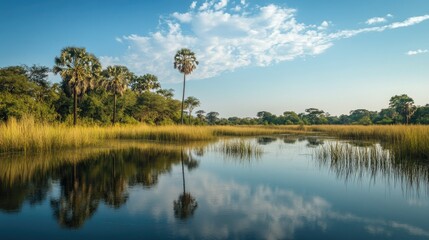 A tranquil African wetland with tall reeds and water reflections, leaving space for copy.