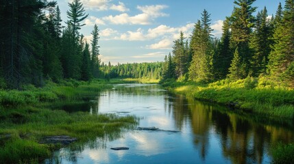 A tranquil forest river winding through North American wilderness, with room for copy.