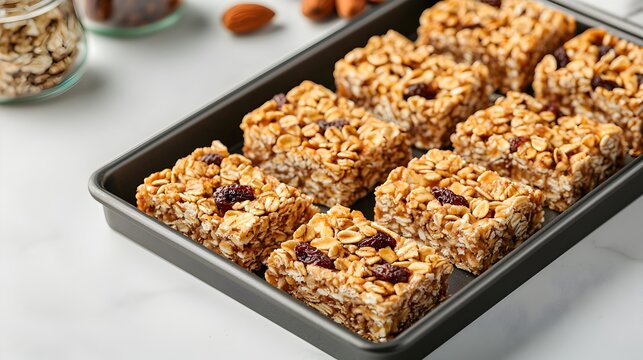 Tray of Freshly Baked Granola Bars with Nuts and Dried Fruits