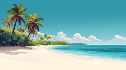 Obraz premium Tranquil Tropical Island Scene with Palm Lined White Sand Beach and Turquoise Waters