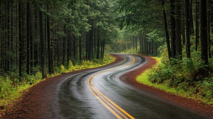 Obraz premium A winding road through a dense North American pine forest, leaving room for copy.