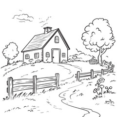 Obraz premium Charming black and white sketch of a cozy house surrounded by nature.