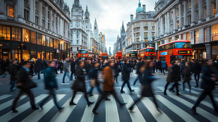A blurred image of a crowd of people crossing a street in London with double-decker buses, buildings, and storefronts in the background.