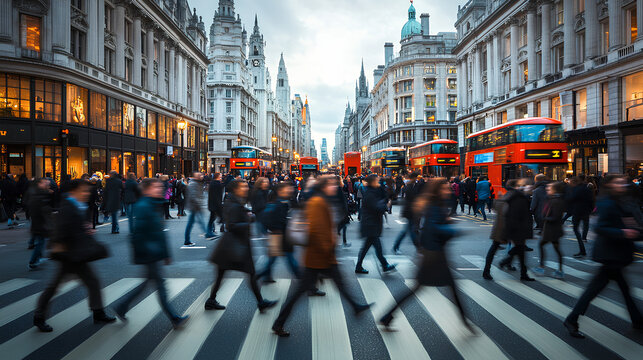 A blurred image of a crowd of people crossing a street in London with double-decker buses, buildings, and storefronts in the background.