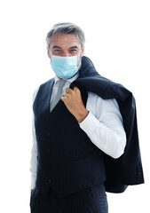 Caucasian older Senior businessman wearing mask for protect to protect against flu germs and dust...