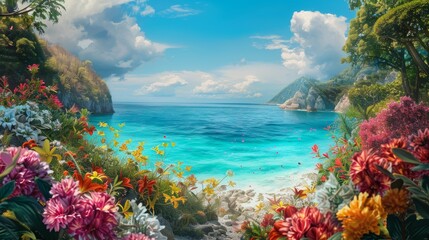 Naklejka premium Tropical paradise a lush landscape of vibrant flowers beside crystal clear waters and blue skies