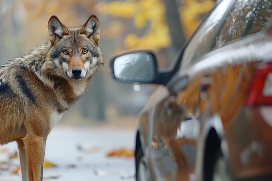 The wolf stands in the middle of the asphalt road and stops the car. The scene captures a moment of wildlife interaction in an urban setting with an empty road