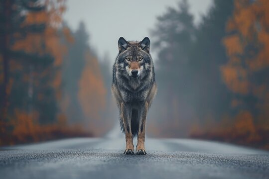 The wolf stands in the middle of the asphalt road and stops the car. The scene captures a moment of wildlife interaction in an urban setting with an empty road
