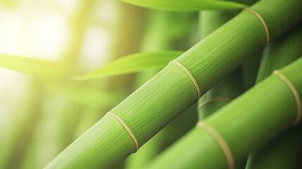 Fototapeta premium Close-up of bamboo stalks with natural light and soft focus, green foliage background.
