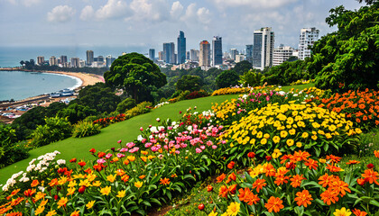 Fototapeta premium Jardin fleuri avec vue sur la ville côtière
