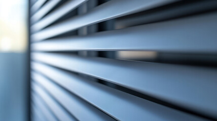 Close-up of blue metal window blinds in modern architecture.