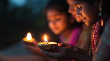 Family Lighting Diyas Together for Diwali Celebration at Dusk