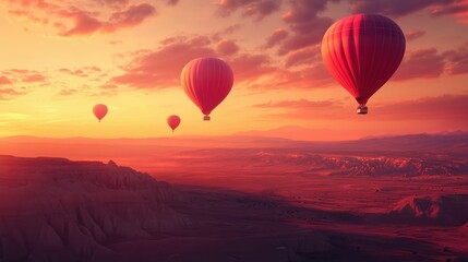 Obraz premium Red hot air balloons rising over a scenic desert landscape during sunrise.