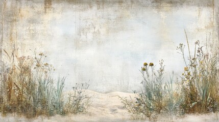 A serene landscape featuring soft tones, overgrown grasses, and delicate wildflowers against a light, textured background.
